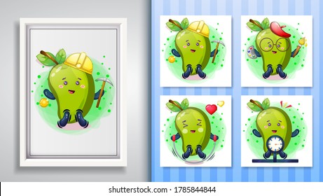 Cute mango illustration set and decorative frame. Premium Vector                  