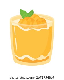 Cute Mango Mousse Panna Cotta Pudding in Glass with cream and  fruits topping sweet food cartoon vector illustration isolated on transparent background