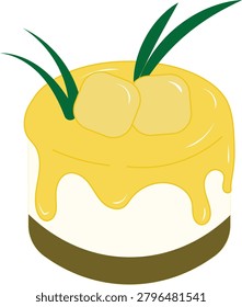 Cute mango pudding vector illustration. Adorable kawaii mango dessert with sweet yellow sauce dripping and green leaf topping.