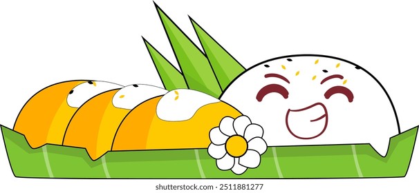 Cute mango sticky rice illustration: EPS format, smiling face, perfect for children's books, food blogs, restaurant menus, or any project needing a playful touch.