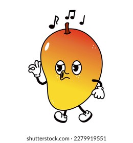 Cute Mango walking singing character. Vector hand drawn traditional cartoon vintage, retro kawaii character illustration icon. Isolated white background. Happy Mango walk sing character
