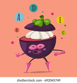 Cute Mangosteen cartoon character of an exotic fruit in a superhero costume, mask and bubbles of vitamins A, B, C, D, E. Vector concept illustration in a flat style for a healthy eating and lifestyle.