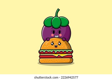 Cute Mangosteen cartoon character hiding in burger illustration in flat modern design