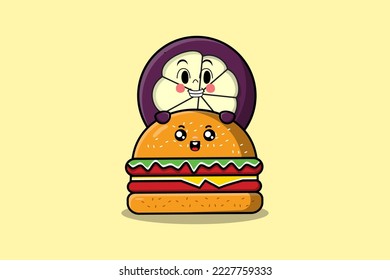 Cute Mangosteen cartoon character hiding in burger illustration in flat modern design