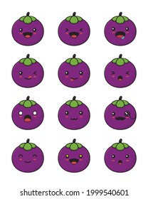 cute mangosteen cartoon. with different facial expressions isolated on a white background