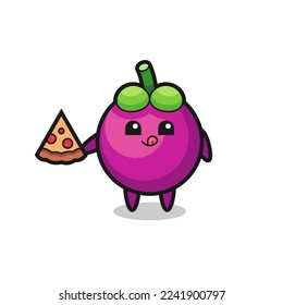 cute mangosteen cartoon eating pizza , cute style design for t shirt, sticker, logo element