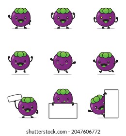 cute mangosteen cartoon, fruit vector illustration, with happy facial expressions and different poses, isolated on a white background