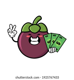 cute mangosteen cartoon mascot character funny expression holding money with peace gesture