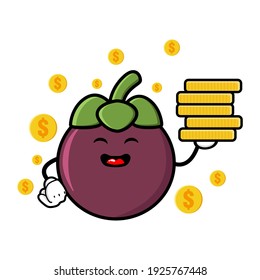 cute mangosteen cartoon mascot character funny expression holding coin pile