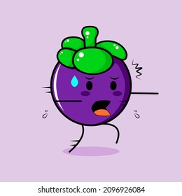 cute mangosteen character with afraid expression and run. green and purple. suitable for emoticon, logo, mascot or sticker