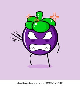 cute mangosteen character with angry expression. green and purple. suitable for emoticon, logo, mascot. one hand raised, eyes bulging and grinning