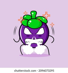 cute mangosteen character with angry expression. nose blowing smoke, eyes bulging and grinning. green and purple. suitable for emoticon, logo, mascot