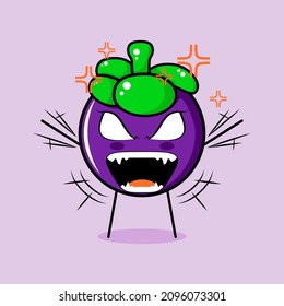 cute mangosteen character with angry expression. both hands raised, eyes bulging and mouth wide open. green and purple. suitable for emoticon, logo, mascot