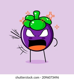 cute mangosteen character with angry expression. green and purple. suitable for emoticon, logo, mascot. one hand raised, eyes bulging and mouth wide open
