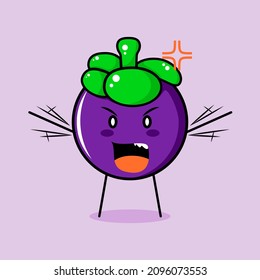 un lindo personaje de mangostino con expresión de enfado. verde y morado. adecuado para emoticonos, logotipo, mascota. ambas manos levantadas y boca abierta