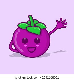 Cute mangosteen character cartoon isolated vector illustration with purple background and shadow. can use for mascot, logo, icon, poster, banner, flyer, pamphlet, leaflet, brochure, catalog element