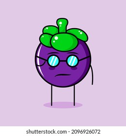 cute mangosteen character with cool expression and eyeglasses. green and purple. suitable for emoticon, logo, mascot or sticker