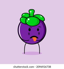 cute mangosteen character with disgusting expression and tongue sticking out. green and purple. suitable for emoticon, logo, mascot and icon