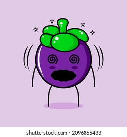 cute mangosteen character with dizzy expression and rolling eyes. green and purple. suitable for emoticon, logo, mascot and icon