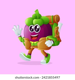 Cute mangosteen character hiking. Perfect for kids, merchandise and sticker, banner promotion or blog
