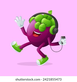 Cute mangosteen character listening to music. Perfect for kids, merchandise and sticker, banner promotion or blog
