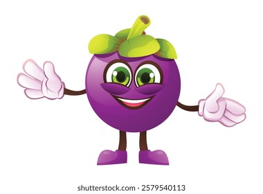 Cute mangosteen character with open arms, welcoming and cheerful. Vector cartoon illustration