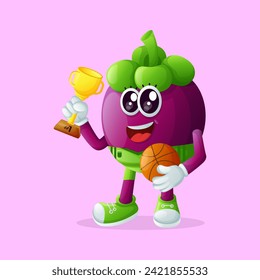 Cute mangosteen character playing basketball. Perfect for kids, merchandise and sticker, banner promotion or blog
