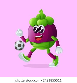 Cute mangosteen character playing soccer. Perfect for kids, merchandise and sticker, banner promotion or blog
