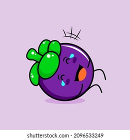 cute mangosteen character with smile and happy expression, lie down, close eyes and tears. green and purple. suitable for emoticon, logo, mascot and icon