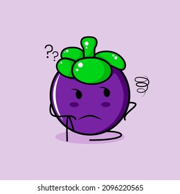 cute mangosteen character with thinking expression and sit down. green and purple. suitable for emoticon, logo, mascot