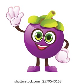 Cute mangosteen character waving happily. Vector cartoon illustration