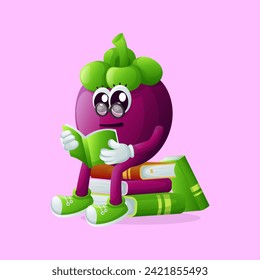 Cute mangosteen character wearing glasses and reading a book. Perfect for kids, merchandise and sticker, banner promotion or blog
