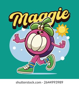 Cute Mangosteen fruit 70s retro comic cartoon character illustration
