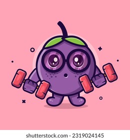 cute mangosteen fruit character mascot doing bodybuilding using dumbbell isolated cartoon in flat style design
