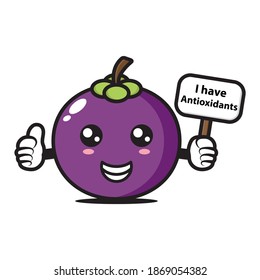 cute mangosteen mascot holding a sign saying I have antioxidants