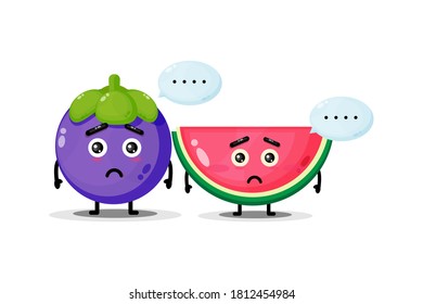 Cute mangosteen and watermelon mascot with sad expression