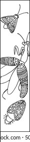 Cute mantis with bug and moth ink drawing. Mantis vector illustration for coloring or bookmark. Outlined scene from micro nature. Mantis with open wings vector coloring. Doodle insects on white
