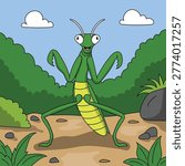 Cute Mantis Grasshopper Vector – Flat Design Solid Color Cartoon Insect Illustration