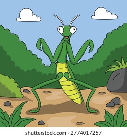 Cute Mantis Grasshopper Vector – Flat Design Solid Color Cartoon Insect Illustration