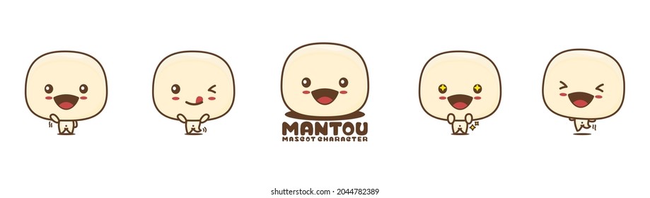 cute mantou mascot, chinese steamed bun food vector illustration, with different facial expressions and poses, isolated on white background