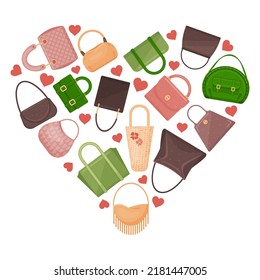 Cute many bags in heart form. Vector illustration. Cartoon style.