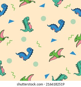cute many colorful dinosaur animal seamless pattern colorful object wallpaper with design light cream background.