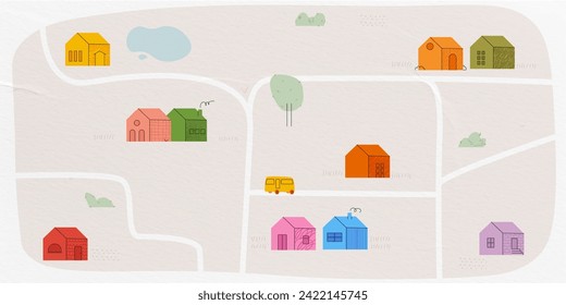  Cute Karte im Cartoon-Stil mit trendigen, einfachen Gebäuden mit Texturen. Zeitgenössische Kinderfahrplan. Vektorgrafik.
