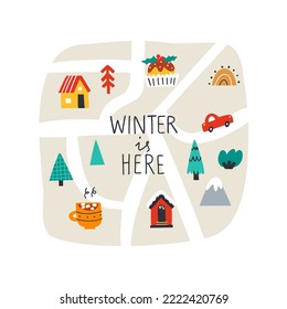 cute map with Christmas trinkets, trees, houses. winter is here Christmas holidays. vector illustration.