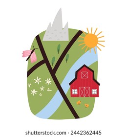 Cute map with farm barn, river, flowers and sun - cartoon flat vector illustration isolated on white background. Childish map in hand drawn style. Spring or summer season.