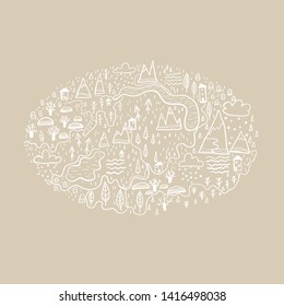 Cute map with forest and mountains, village. Europe nature landscape concept. Vector Doodle in the Scandinavian style hand-drawn illustration for kids fabric, nursery textile, packaging, wallpaper