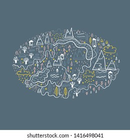 Cute map with forest and mountains, village. Europe nature landscape concept. Vector Doodle in the Scandinavian style hand-drawn illustration for kids fabric, nursery textile, packaging, wallpaper