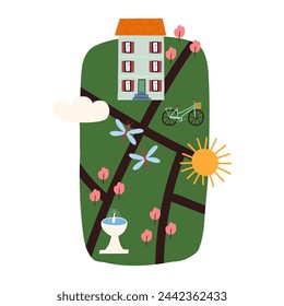 Cute map with house, fountain, bike, trees and sun - cartoon flat vector illustration isolated on white background. Spring or summer map for kids with roads, dragonfly and cloud.