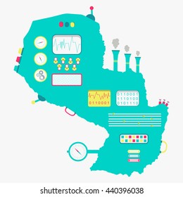 Cute map of Paraguay machine with buttons, panels and levers. Isolated. White background.