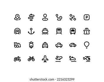 Cute Map Pointer Outline Icon Set With Transportation Related Line Icons